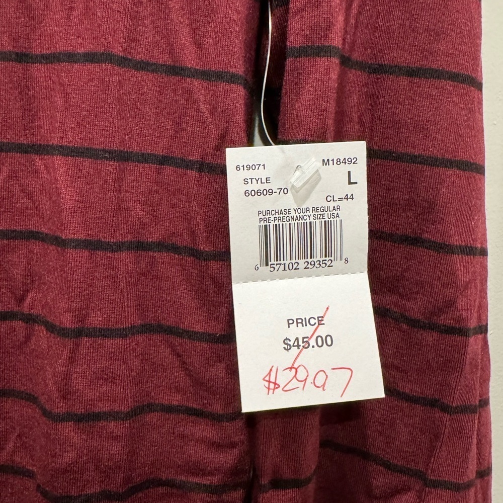 Pea in the Pod shirt maternity 3/4 sleeve stripe tunic, ruching maroon and black - Picture 4 of 5